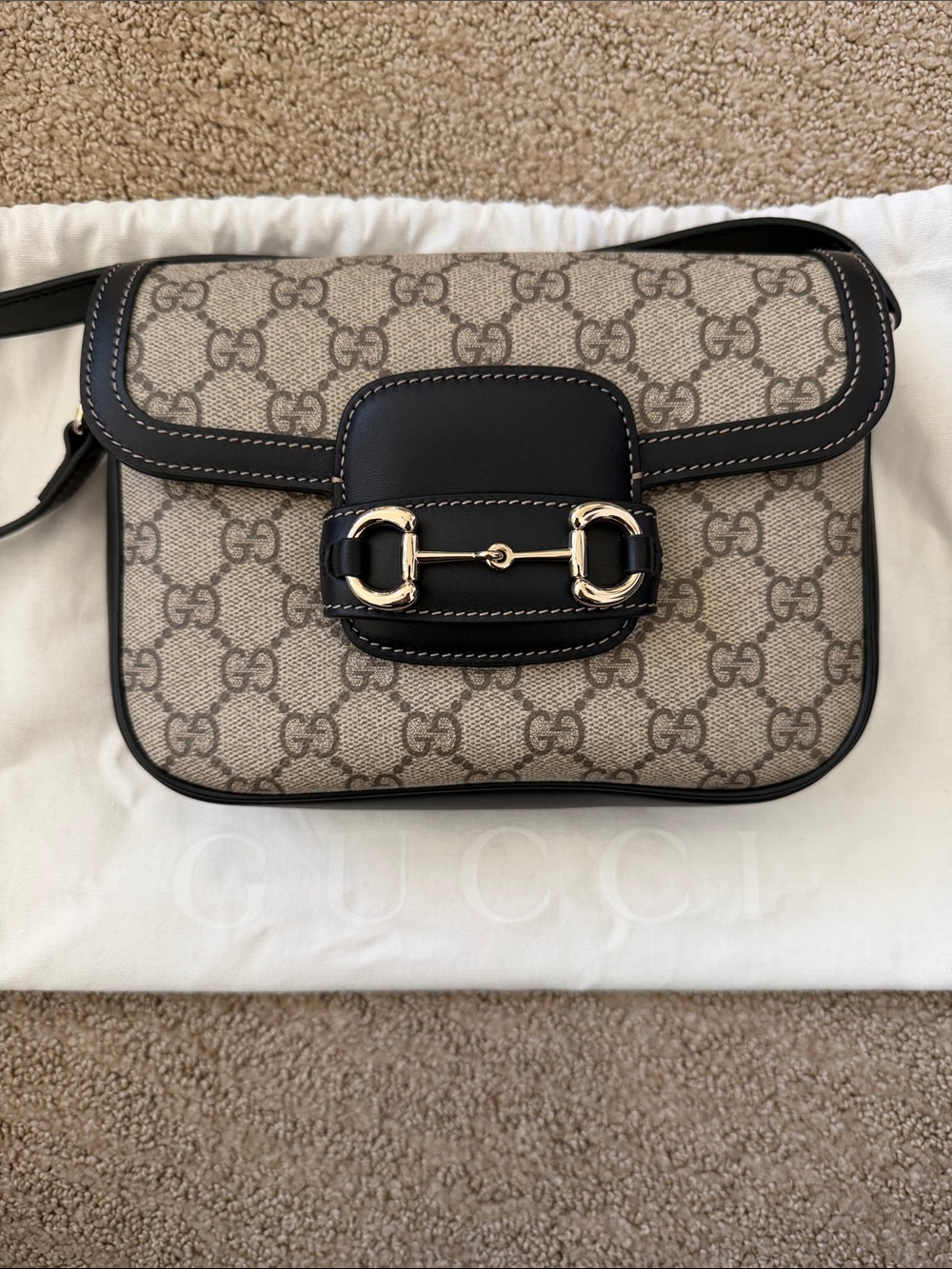 Gucci GG Canvas Crossbody with Black Leather & Gold Horsebit